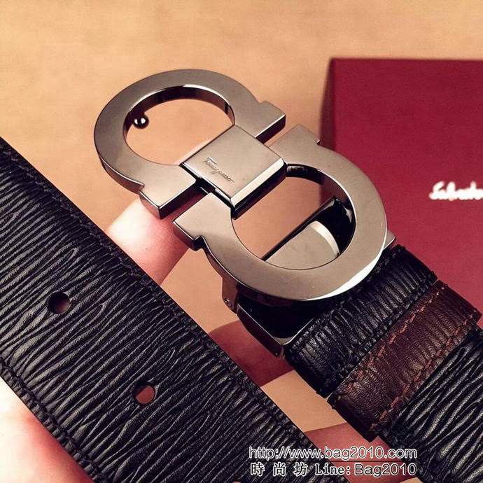 Ferragamo菲拉格慕 雙面頭層牛皮牙籤紋 獨特風格 精鋼扣 男士皮帶  xfp1185